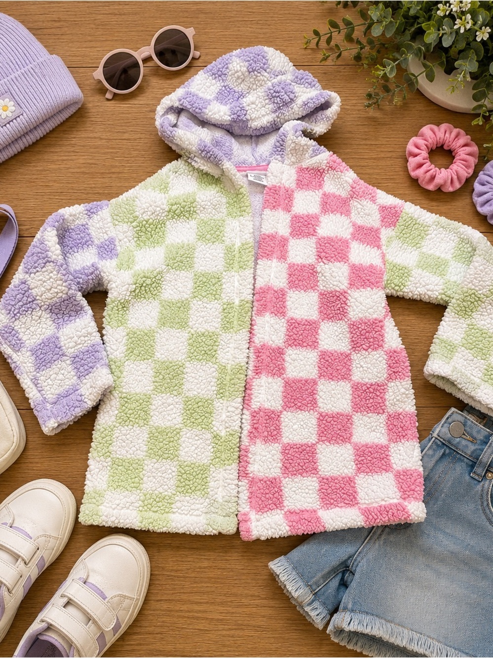 Art Class Girls Checkered Sherpa Pajama Robe Jacket Pink Purple Green M 7/8